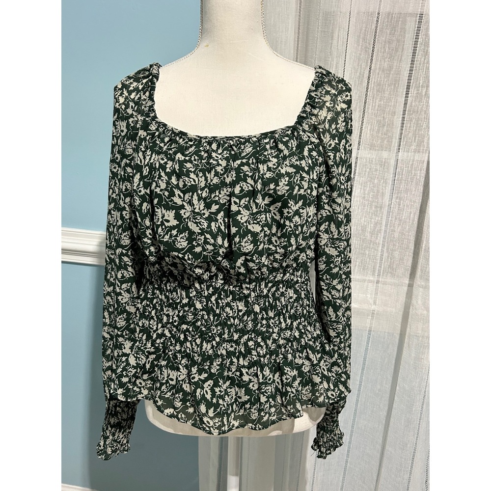 Madewell Green Floral Smocked Waist Square Neck Balloon Sleeve Blouse XL